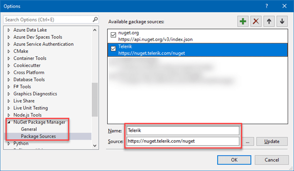 UI for ASP.NET Core Setting up private feed Package Source