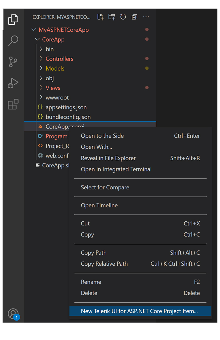 UI for ASP.NET Core Select New Project Item in the context menu
