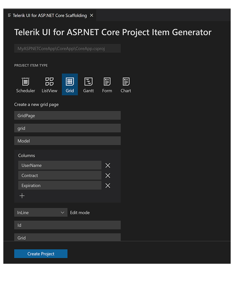 UI for ASP.NET Core Scaffolder project item generator