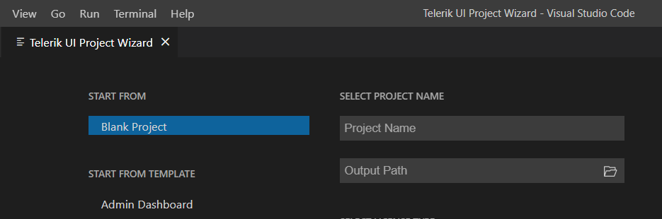 choose Telerik project name and location