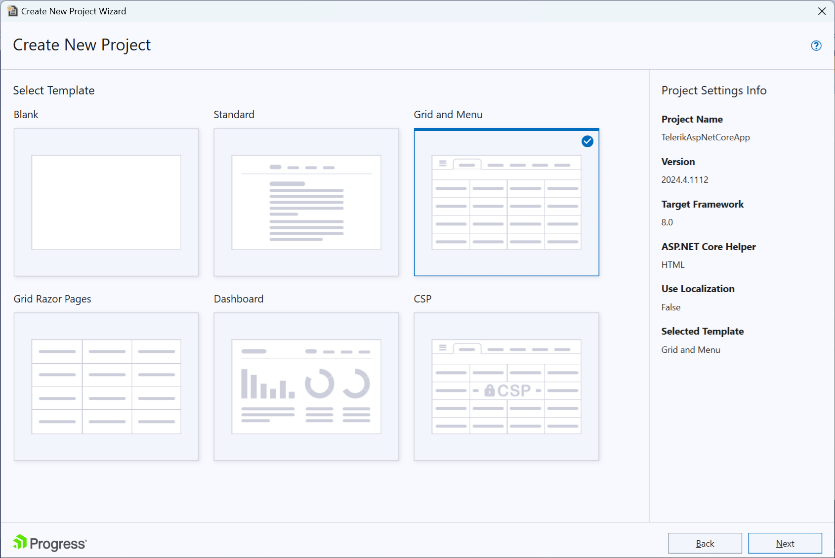 UI for ASP.NET Core Project template options