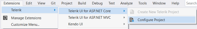 UI for ASP.NET Core Visual Studio 2019 Extensions menu