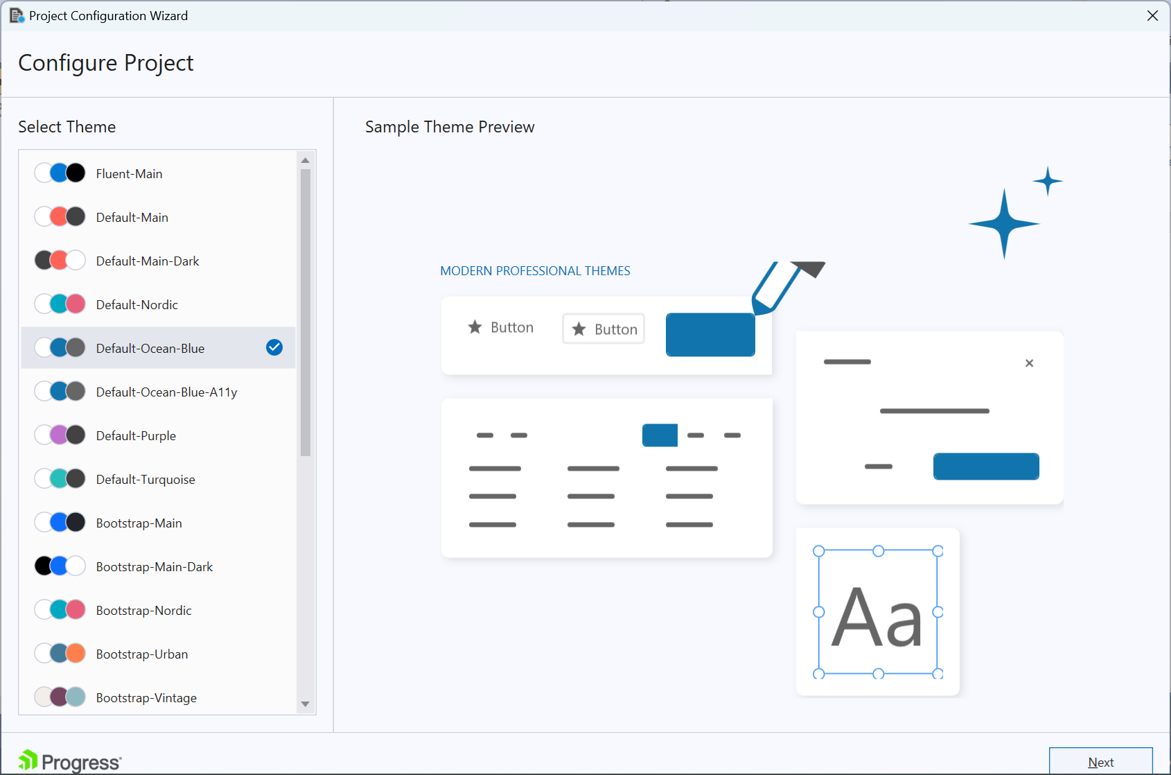 UI for ASP.NET Core Visual theme configuration page of the Project Configuration Wizard