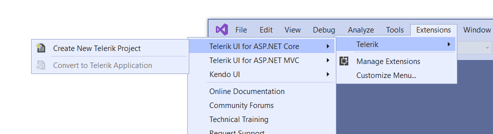 UI for ASP.NET Core Visual Studio 2019 Extensions menu