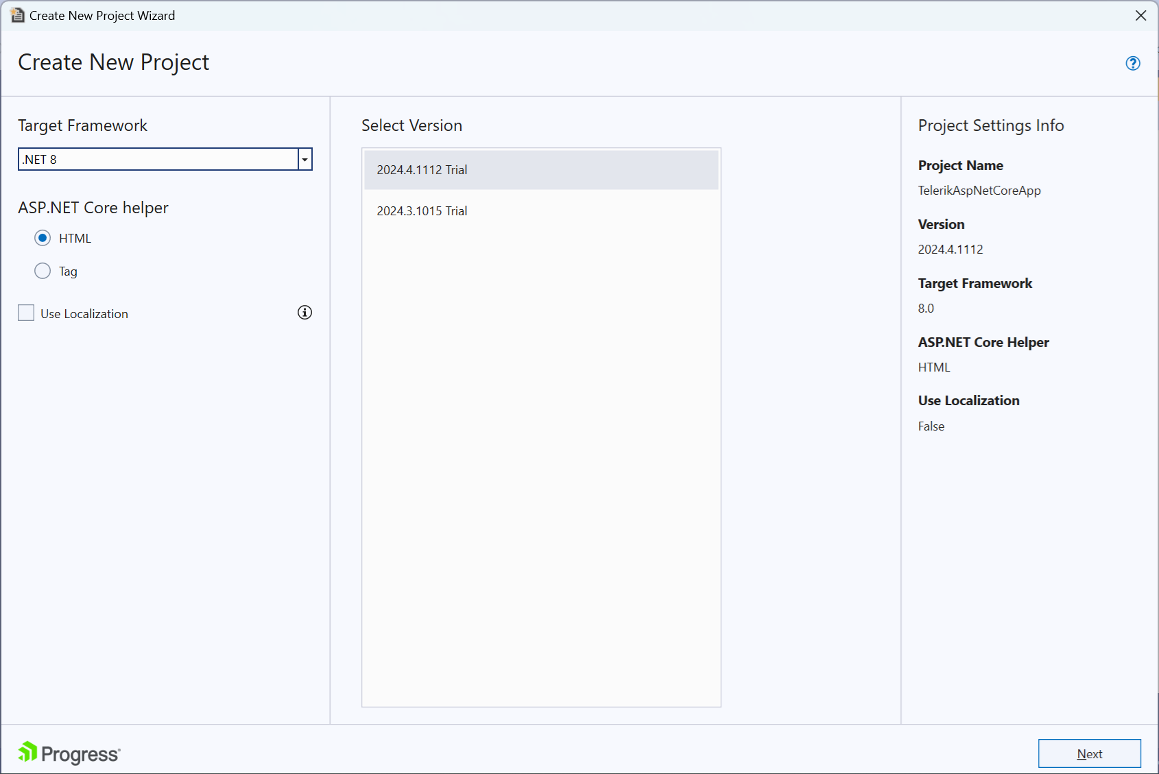 UI for ASP.NET Core The ASP.NET version options