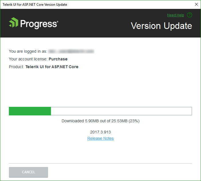 UI for ASP.NET Core Latest version download progress