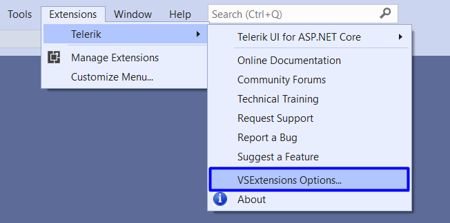 UI for ASP.NET Core The Options menu
