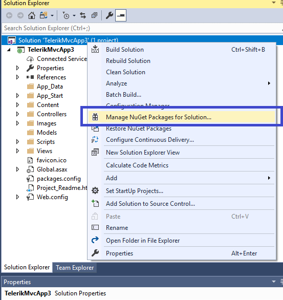 UI for ASP.NET MVC Locating and opening the NuGet package manager menu