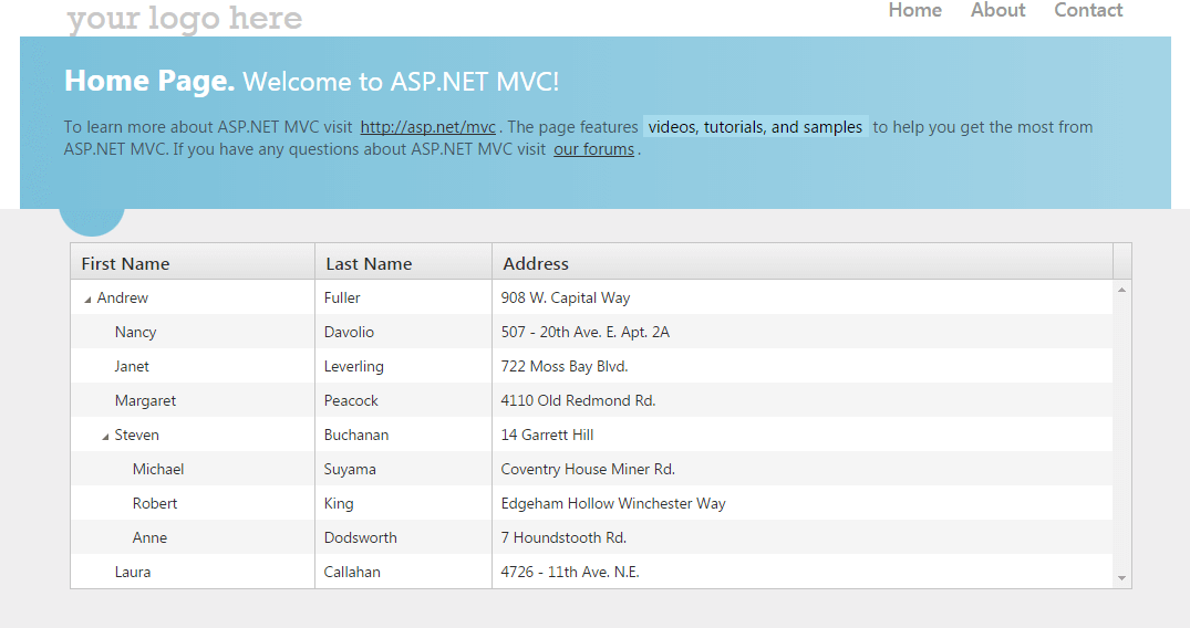 UI for ASP.NET MVC The final result is a TreeList bound to data