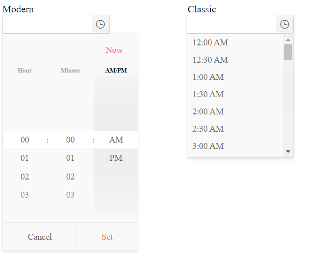 UI for ASP.NET MVC TimePicker comparison between the component types