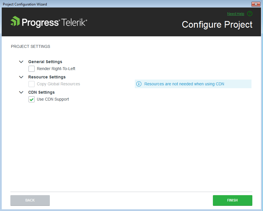 UI for ASP.NET MVC Project settings configuration page of the Project Configuration Wizard