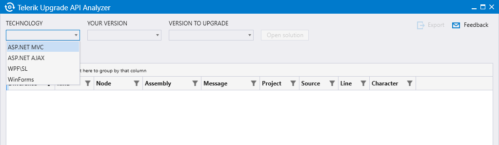 UI for ASP.NET MVC The initial screen of Telerik Upgrade API Analyzer