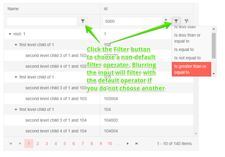 Blazor TreeList Filter Row Choose Operator