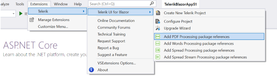 Start the Document Processing Libraries Wizard from the Extensions menu when working with a Telerik UI for Blazor