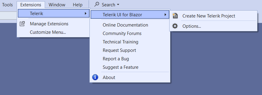 Telerik UI for Blazor Visual Studio Extensions open Options dialog