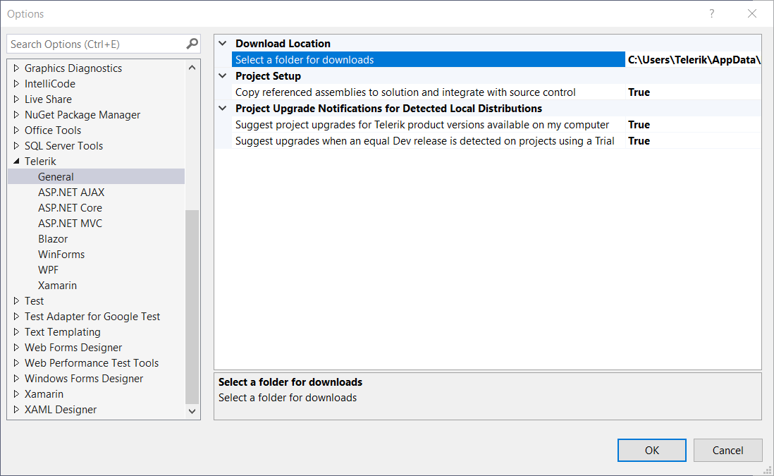 Telerik UI for Blazor Visual Studio Extensions Options - General