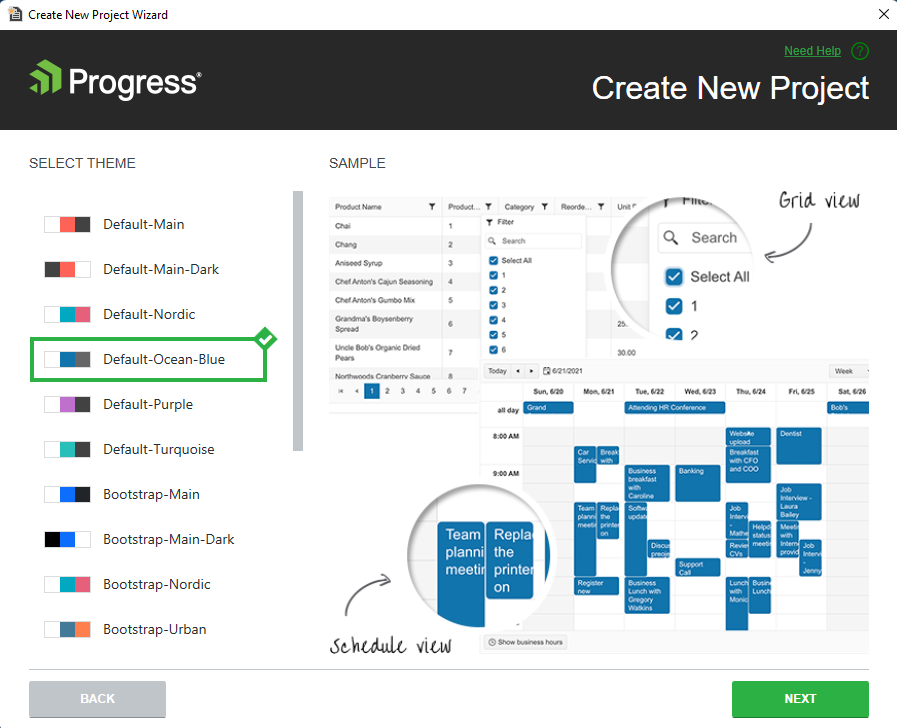 The Create New Project Wizard Themes Options
