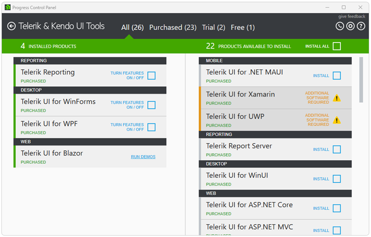 DevCraft View Telerik Control Panel