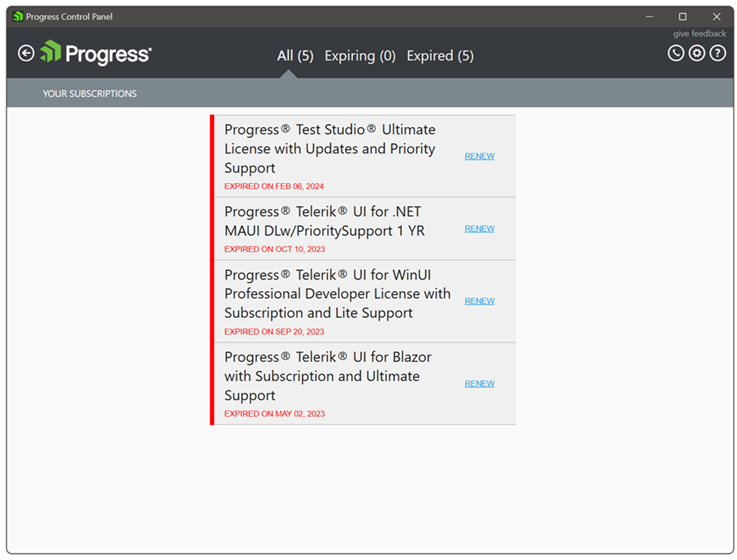 Subscriptions View Telerik Control Panel