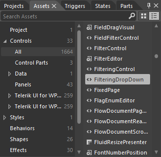 Selecting the FilteringDropDown from the Assets tab