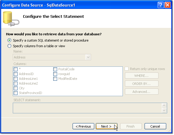 configur select statement