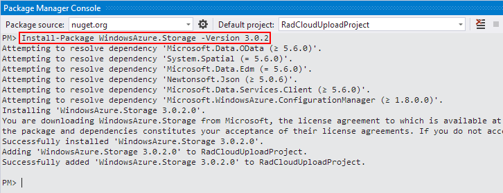 NuGet PM Console example for Azure Package