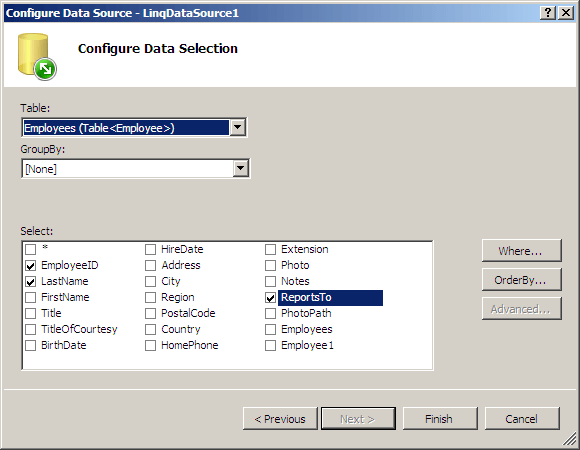 Configure data selection