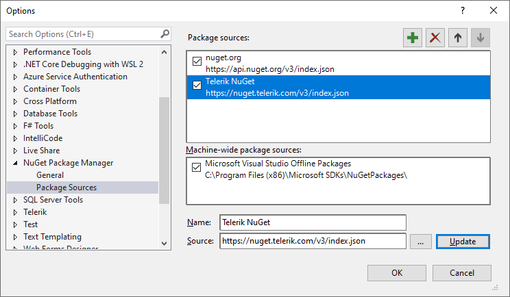 Visual Studio NuGet Package Manager and Telerik NuGet Feed
