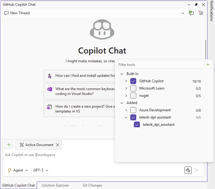 An image demonstrating how to enable the Telerik DPL MCP tool in Visual Studio
