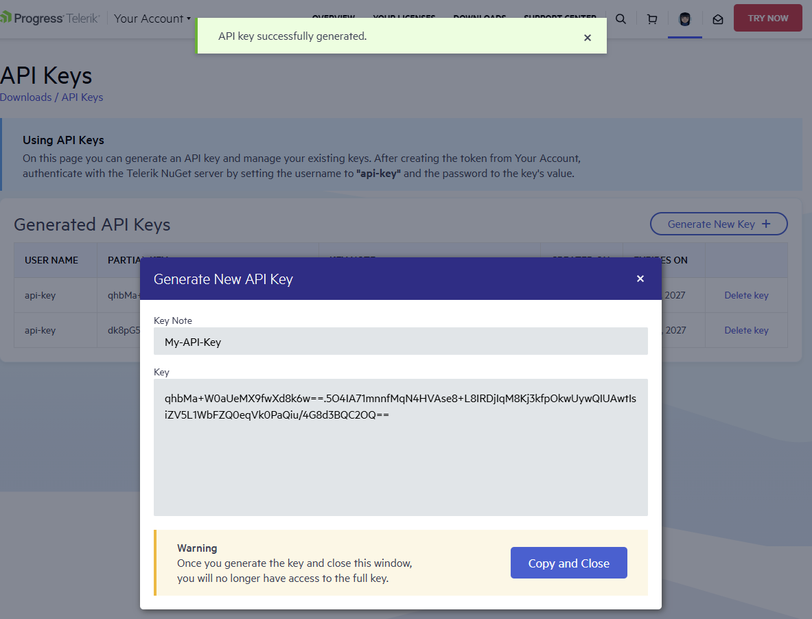 Copy and Close API key