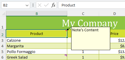 Notes in MS Excel