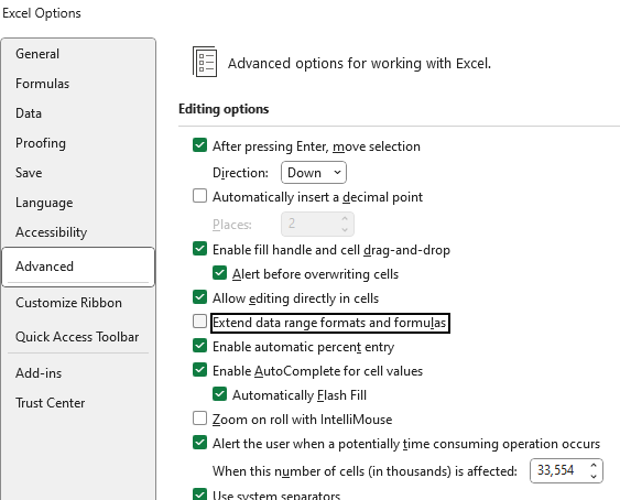 Microsoft Excel's built-in "Extend data range formats and formulas" setting ><