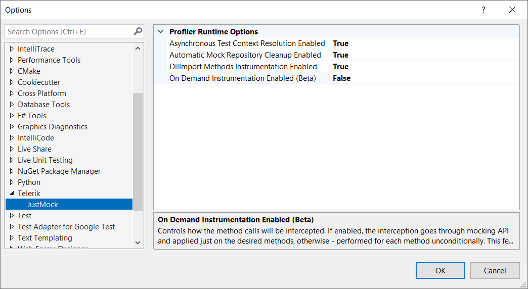 JustMock Visual Studio Profiler Runtime Options