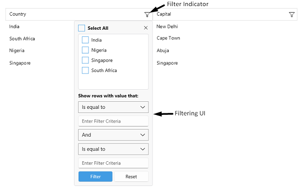 .NET MAUI DataGrid Column Header filter indicator