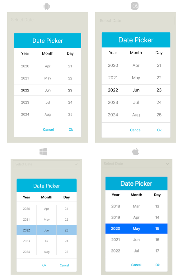 Telerik UI for .NET MAUI DatePicker with applied styling properties to its popup