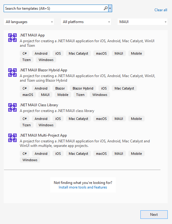 Telerik UI for .NET MAUI - create new MAUI project in Visual Studio