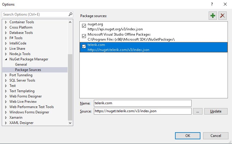 Add the Telerik NuGet Feed in Visual Studio