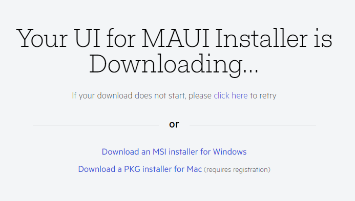 Your UI for MAUI Installer is downloading... page