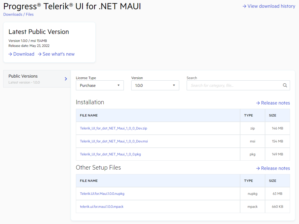 Available Telerik UI for .NET MAUI product files on the Downloads page