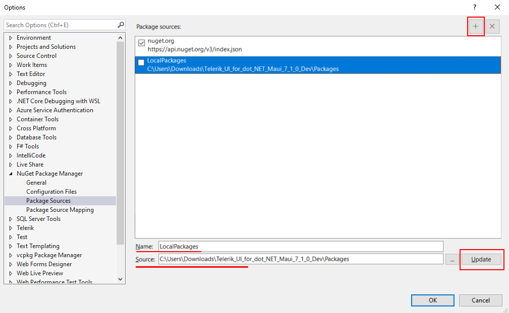 Package Sources field with the checked Telerik NuGet option