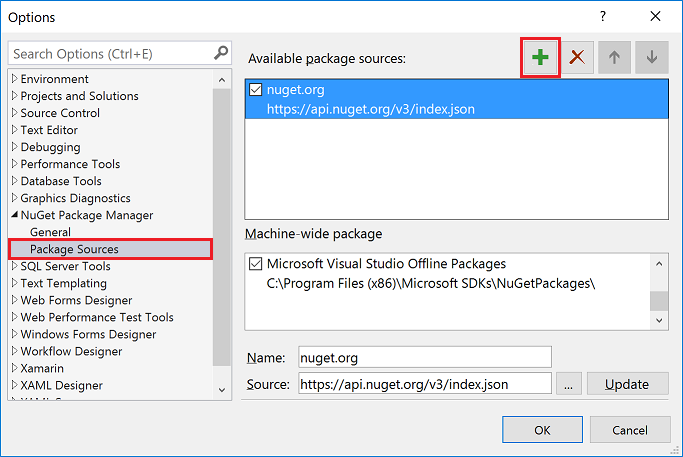 Package Sources dialog with the Available package sources field