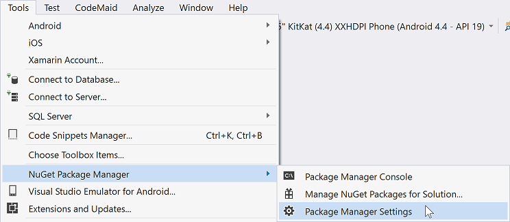 Telerik NuGet Package Manager context menu with the Package Manager Settings option