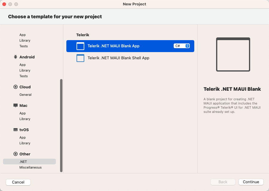 Create new project dialog