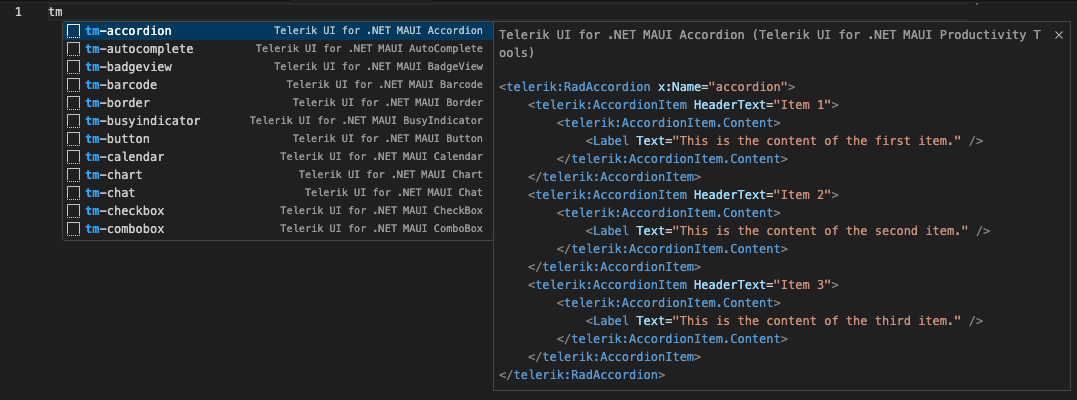 Telerik UI for .NET MAUI VS Code snippets