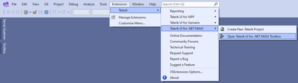 VS Extensions dialog with the path of selected options showing the Open Telerik UI for .NET MAUI Toolbox