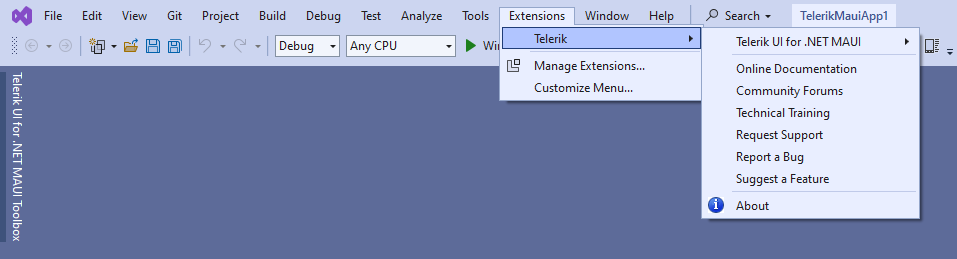 Telerik UI for .NET MAUI Visual Studio Extensions window