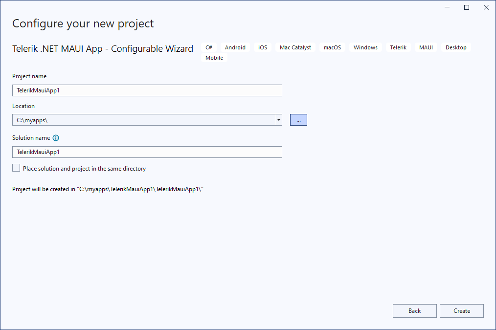 Telerik .NET MAUI App configurable wizard initial screen within the Create your new project dialog