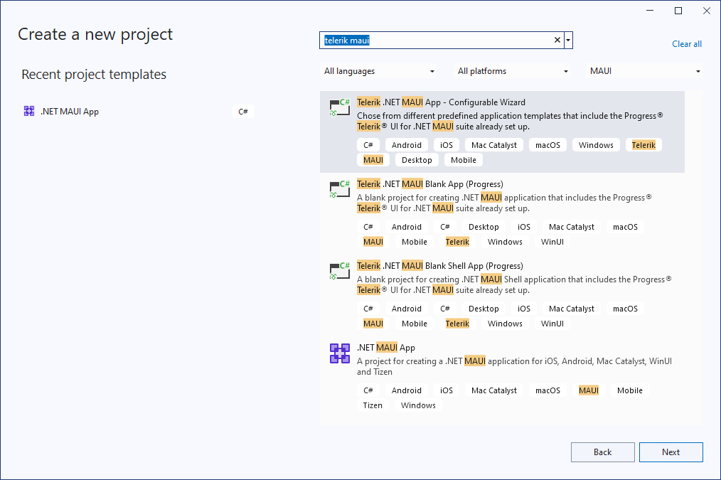 Create a new project dialog with maui in the search field and results