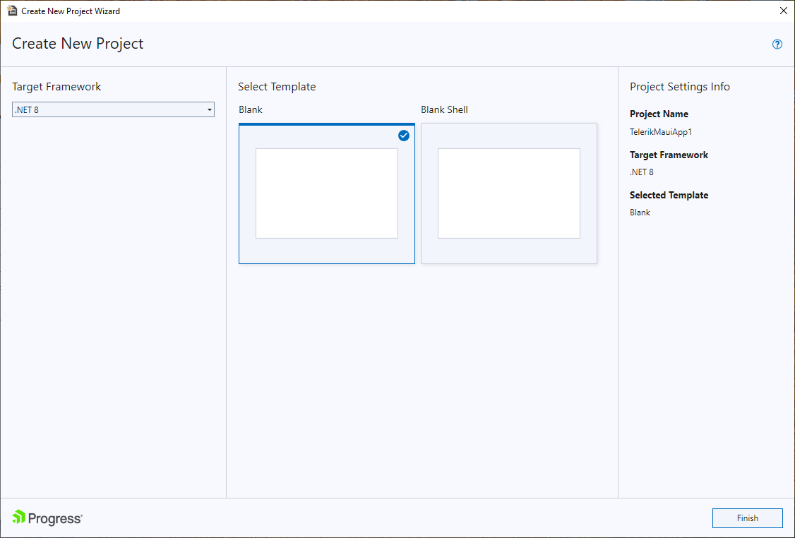 Create new project dialog in the wizard with a blank Telerik UI for .NET MAUI app