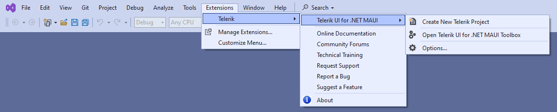 Telerik UI for .NET MAUI VS Extensions Menu